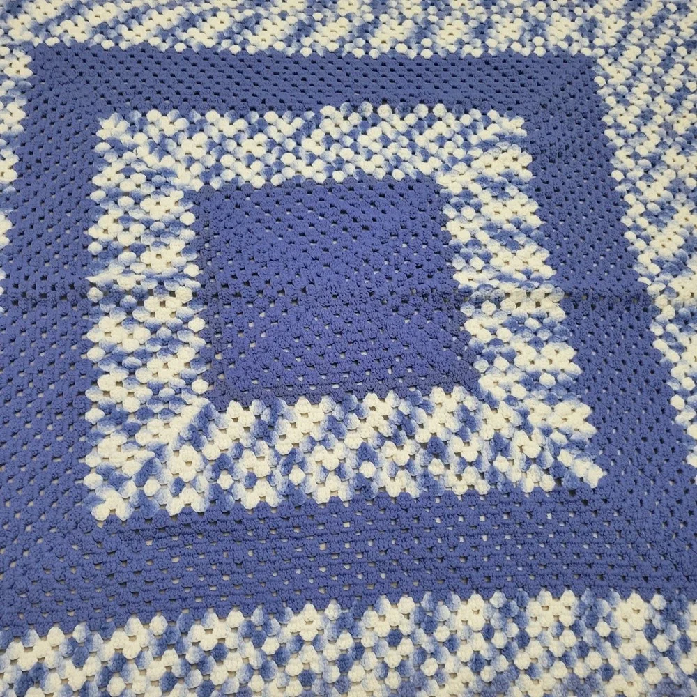 Handmade Crochet Throw Blanket 60x 60 Blue White Granny Square Vintage-style